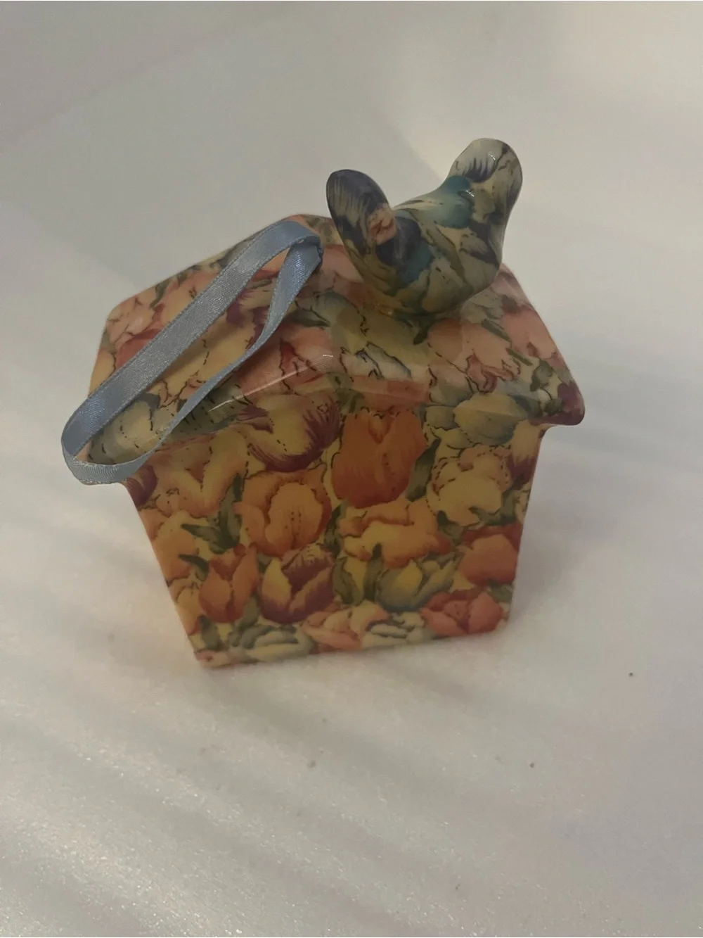 Chintz Floral Hanging Bird House Feeder  w/ Ribbon. 6”
